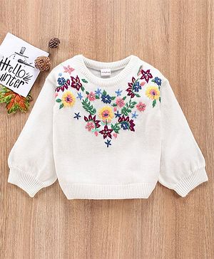 Babyhug Full Sleeves Embroidered Sweater- White