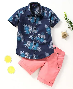 Knotty Kids Half Sleeves Floral Print Shirt With Shorts - Blue & Pink