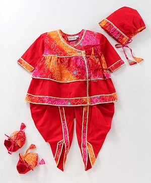 BownBee Full Sleeves Bandhni Printed Kurti With Dhoti Pants - Red