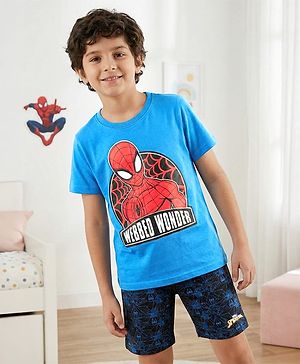 Pine Kids Bio-Washed Half Sleeves Cotton Shorts Set Marvel Spiderman Printed - Blue