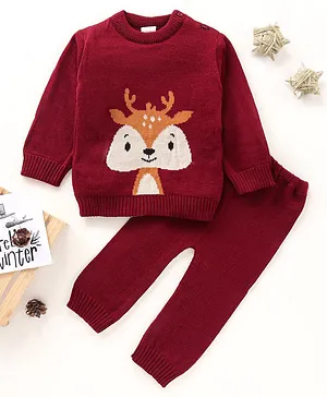 Babyhug Full Sleeves Sweater Set Deer Design - Maroon
