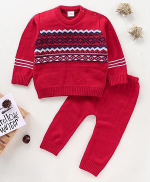 Babyhug Full Sleeves Sweater Set Fair Isle Design- Red