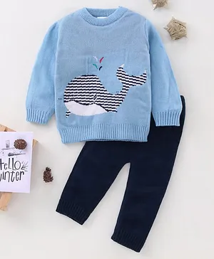 Babyhug Full Sleeves Knit Sweater Set Whale Print - Blue