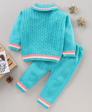 Babyhug Full Sleeves Sweater Set Cable Knit Design - Blue