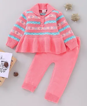 Babyhug Full Sleeves Knit Argyle Sweater Set - Pink