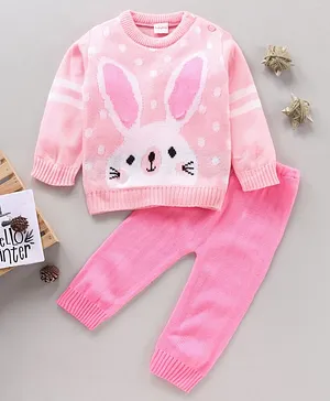 Babyhug Full Sleeves Sweater Set Bunny Face Print - Pink