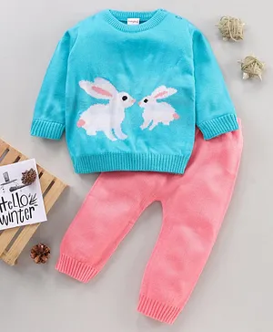 Babyhug Full Sleeves Sweater Set Rabbit Design - Pink Blue