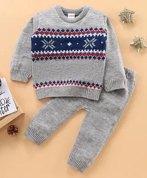 Babyhug Full Sleeves Baby Sweater Set Argyle Pattern - Grey