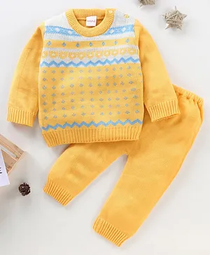 Babyhug Full Sleeves Baby Sweater Set Color Block with Stripes - Yellow