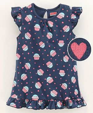 Babyhug Frill Sleeves Nighty Cupcake Print - Navy Blue