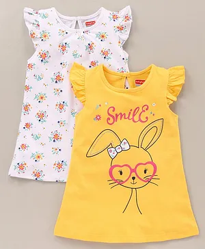 Babyhug Flutter Sleeves Nighty Floral & Bunny Print Pack Of 2 - White Yellow