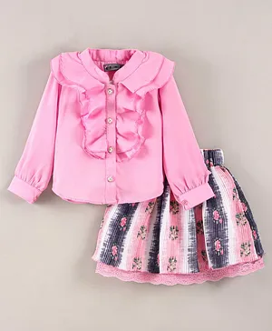 Enfance Full Sleeves Front Button Closure Top With Stripe Pleated & Floral Printed Skirt - Pink