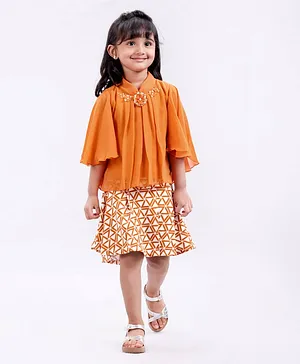 Enfance Flared Sleeves Floral Applique Detail Top With Triangle Printed Skirt - Mustard Yellow