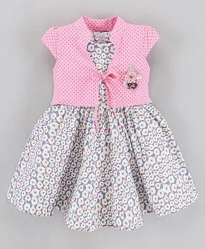 Enfance Sleeveless Floral Printed Dress With Floral Applique And Dot Printed Cap Sleeves Jacket - Pink