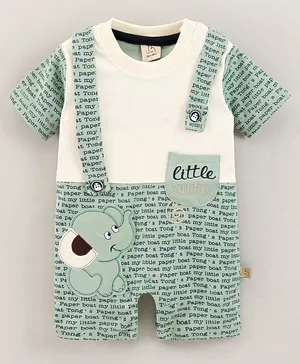 Jo&Bo Half Sleeves Text Printed Mock Dungaree Style Party Romper - Green