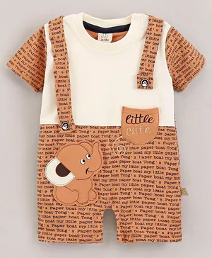 Jo&Bo Half Sleeves Text Printed Mock Dungaree Style Party Romper - Peach