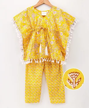 Kidcetra Half Sleeves Floral Print Kaftan Top With Bottom - Yellow