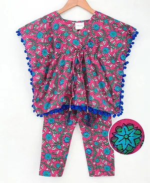Kidcetra Half Sleeves Floral Print Kaftan Top With Bottom - Pink