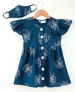 Kidcetra Frill Sleeves Butterfly Print Dress With Matching Mask - Blue