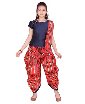 Aarika Girls Short Sleeves Top With Striped Dhoti & Dupatta - Red