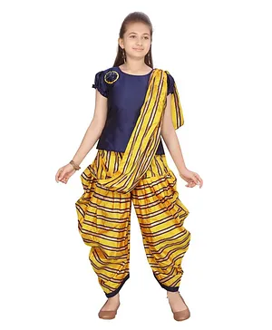 Aarika Girls Short Sleeves Top With Striped Dhoti & Dupatta - Yellow