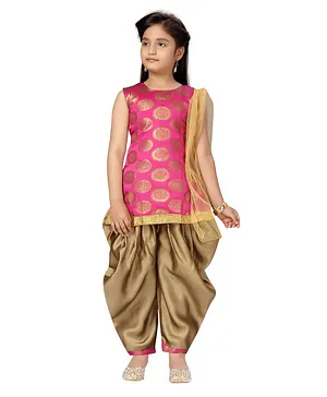 Aarika Sleeveless Motif Printed Kurta & Solid Salwar With Dupatta - Pink & Golden