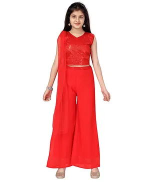 Aarika Sleeveless Sequin Embellished Top With Solid Palazzo Pants & Dupatta - Red