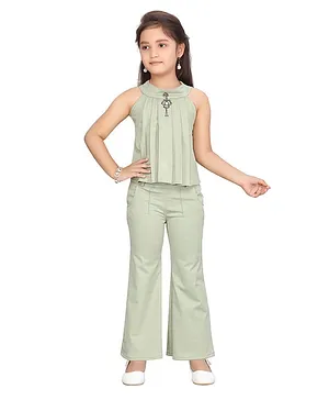 Aarika Sleeveless Pleated Detailing Solid Top & Trousers Set - Green