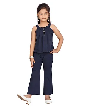 Aarika Sleeveless Pleated Detailing Solid Top & Trousers Set - Navy Blue