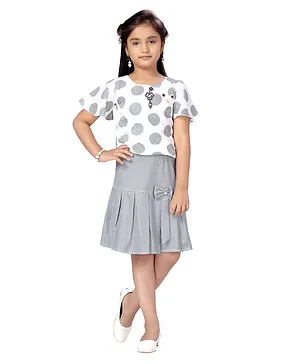 Aarika Half Sleeves Checks Print Top & Skirt Set - Grey & White
