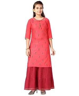 Aarika Three Fourth Sleeves Ethnic Motifs Printed Kurti With Skirt - Pink
