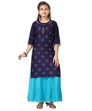 Aarika Three Fourth Sleeves Ethnic Motifs Printed Kurti With Skirt - Navy Blue