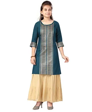 Aarika Three Fourth Sleeves Ethnic Print Kurta With Skirt - Dark Green