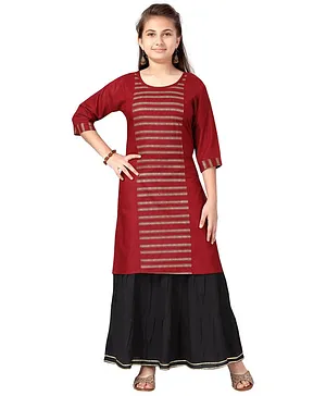 Aarika Three Fourth Sleeves Ethnic Striped Kurta With Skirt - Maroon