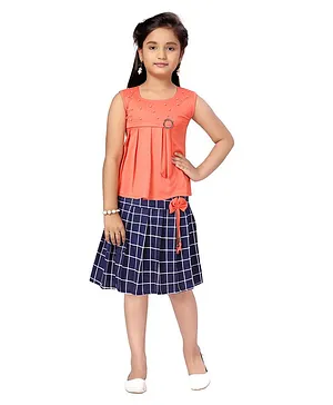 Aarika Sleeveless Embellished Top & Chequered Skirt - Peach & Navy Blue