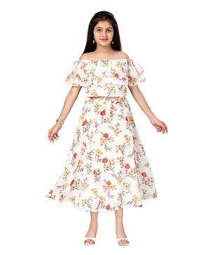 Aarika Off Shoulder Half Sleeves Floral Printed Coordinated Top & Skirt Set - Cream