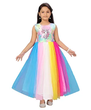Aarika Girls Sleeveless Unicorn Embellished Rainbow Flared Gown - Multi Color