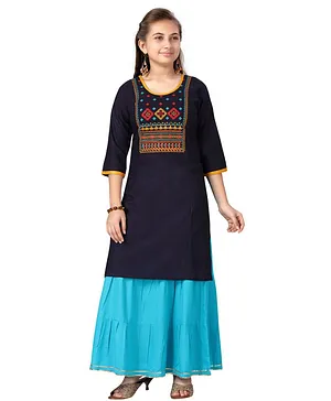 Aarika Three Fourth Sleeves Floral Embroidered Kurta With Skirt - Navy Blue