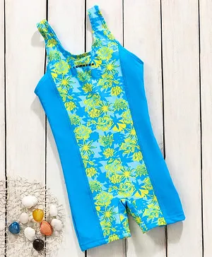 Lobster Sleeveless Legged Swim Suit Floral Print - Cyan