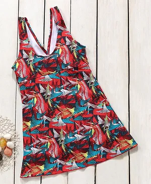 Lobster Sleeveless All Over Print Frock Swim Suit - Red