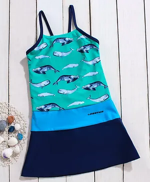 Lobster Sleeveless Frock Swim Suit Whale Print - Blue