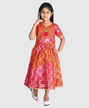 Kinder Kids Half Sleeves Kota Gold Foil Print Dress - Pink