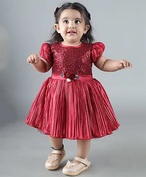 Titrit Half Sleeves Sequin Embellished And Pleated Detail Fit Anfd Flare Party Dress - Red