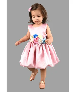 Titrit Sleeveless Solid Dress With Detachable Flower Belt - Pink