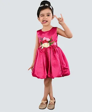 Titrit Sleeveless Floral Applique Belt & Satin Dress - Magenta Pink