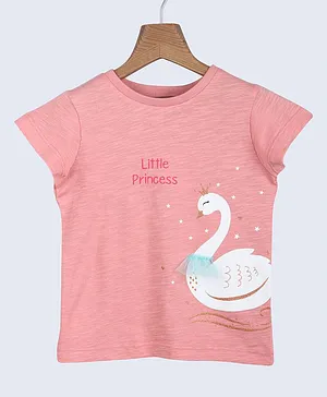 Beebay Half Sleeves Swan Print T Shirt - Pink