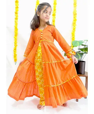 Skosh Floral Print Jumpsuit With Full Sleeves Long Shrug & Scrunchie - Orange & Yellow