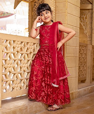 Babyhug Sleeveless Choli Lehenga & Dupatta Leaf Embroidered - Red