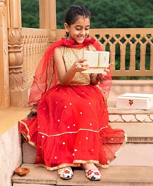 Babyhug Sleeveless Choli & Flared Lehenga Set With Dupatta - Red