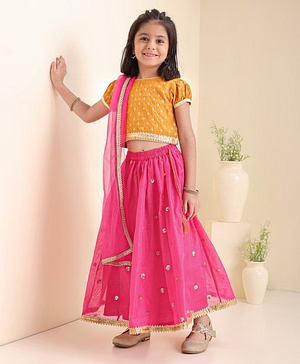 Babyhug Short Sleeves Sequined Choli & Flared Lehenga Set With Dupatta - Pink Orange